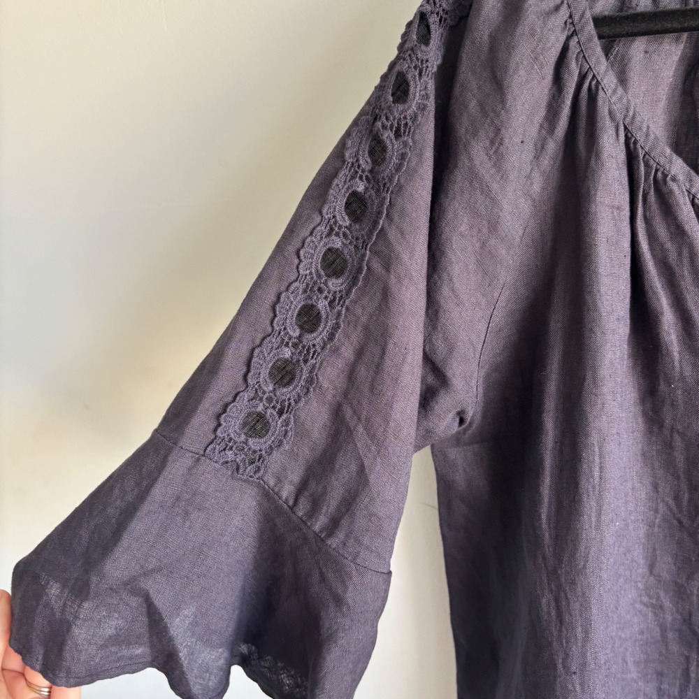Rosemarine Italy 100% Linen Crochet Lace Sleeve Tunic Dress Charcoal Grey L - Picture 2 of 5